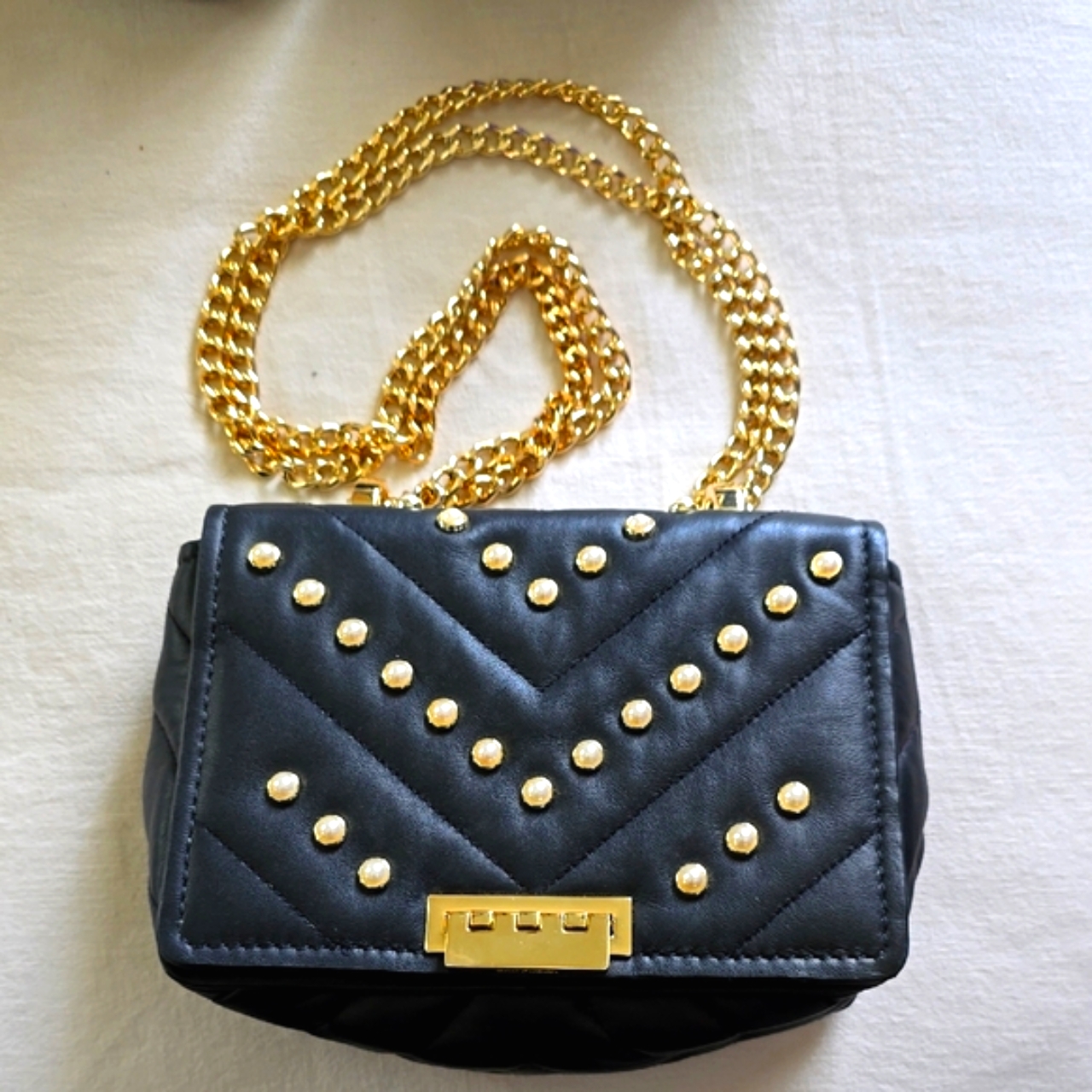 Zac Posen Black / Gold Crossbody Bag Chevron Design W/ Pearl Like Emblishments